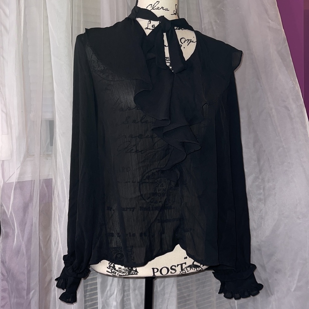 Black Blouse with Ruffles and Front Tie
